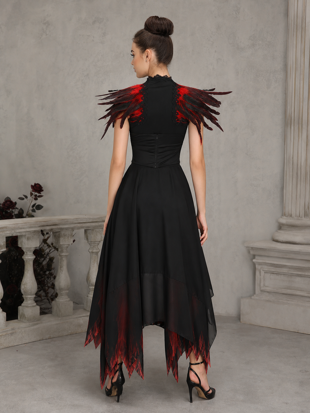 Feather Lace Capelet, Black-Red Gradient Feather Shoulder Cape, Black Bow Tie Front, Multi-Layer Trim, Halloween Costume Cosplay Stage Performance