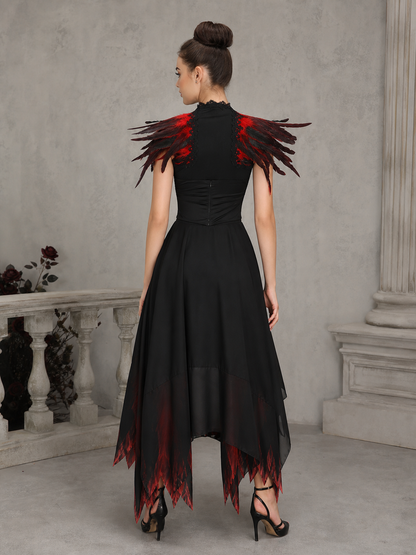 Feather Lace Capelet, Black-Red Gradient Feather Shoulder Cape, Black Bow Tie Front, Multi-Layer Trim, Halloween Costume Cosplay Stage Performance