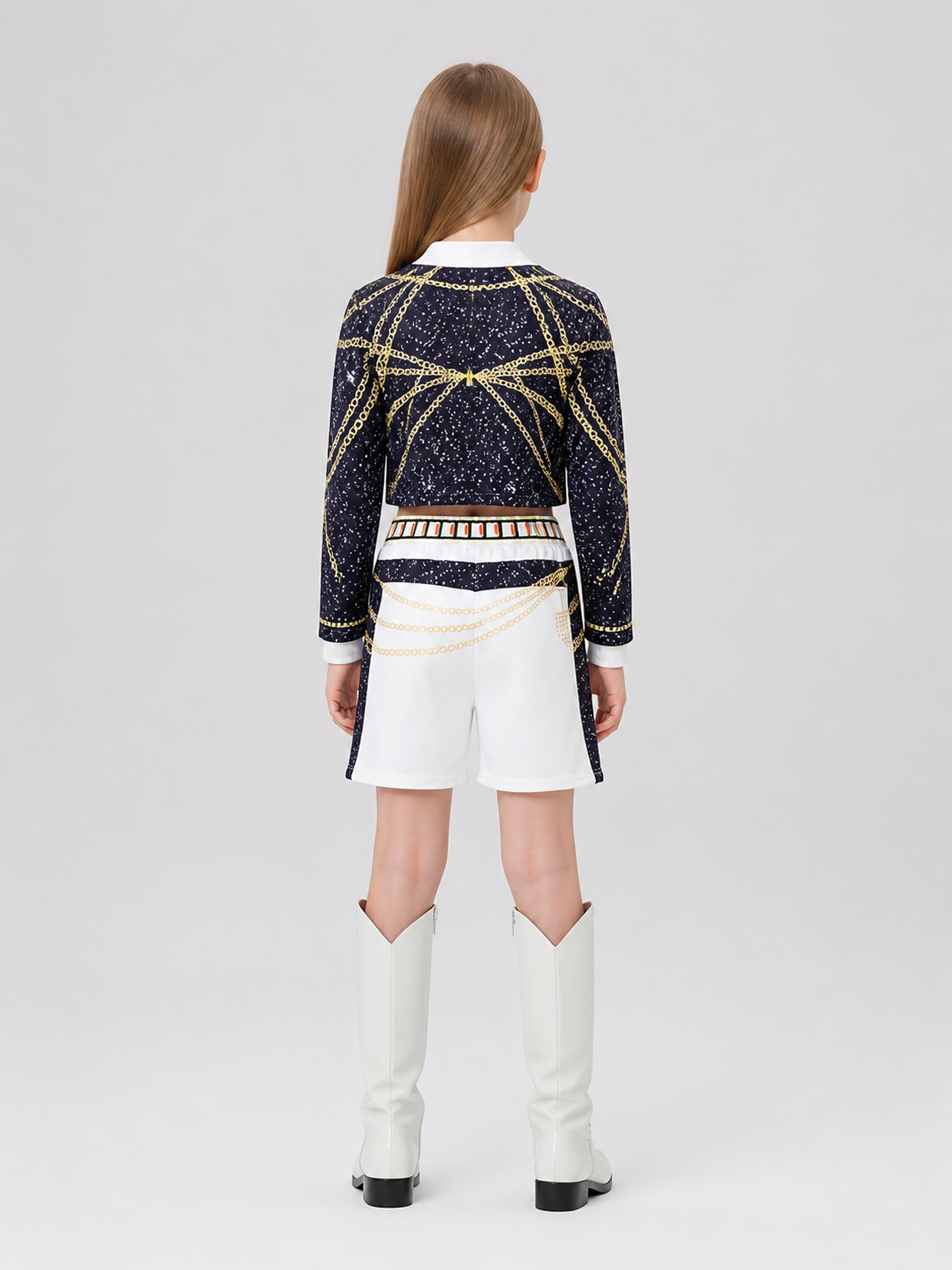 Children’s Demon Hunter Costume, Black, White, and Gold back view