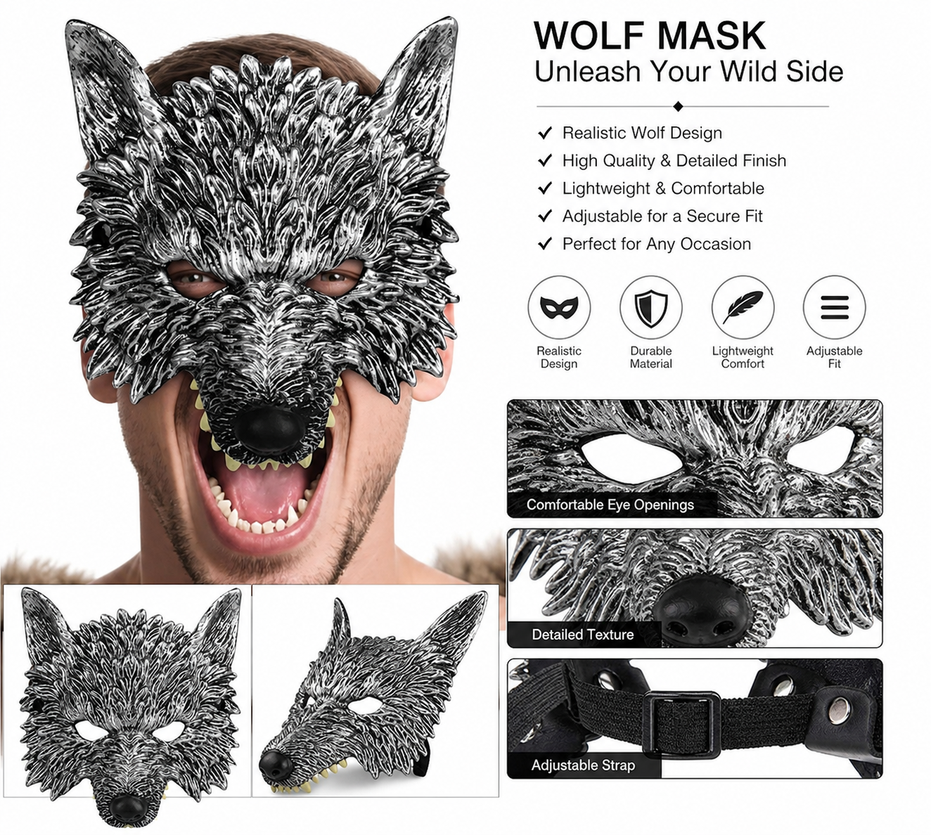 1pc Halloween Wolf Mask, Realistic Full-Face Silver & Black Werewolf Design for Cosplay Party