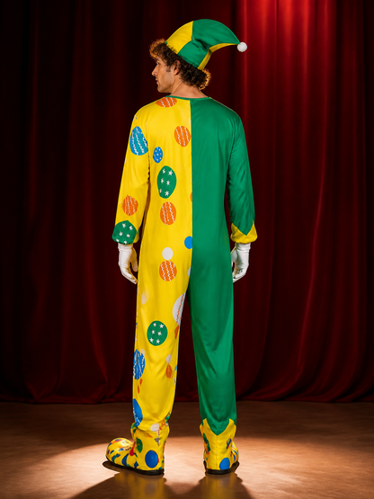 Unisex Adult Clown Bodysuit Costume with Multi-Pointed Hat, Yellow Green Split back view