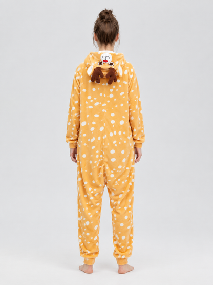 Yellow-Orange Fleece Pajama Jumpsuit with White Spots