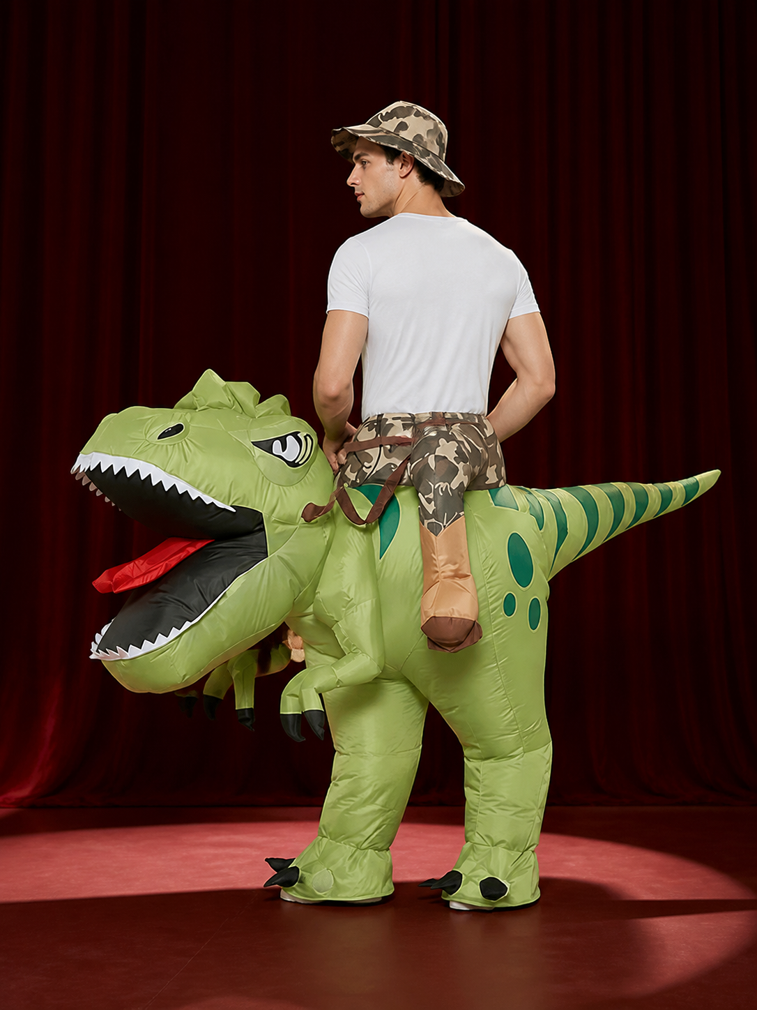 Adult Inflatable Green Dinosaur Costume, Striped Spotted T-Rex Fancy Dress with back view