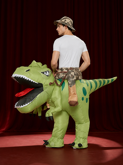 Adult Inflatable Green Dinosaur Costume, Striped Spotted T-Rex Fancy Dress with back view