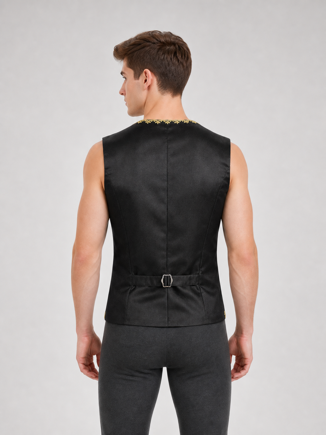 Black sleeveless vest with gold trim