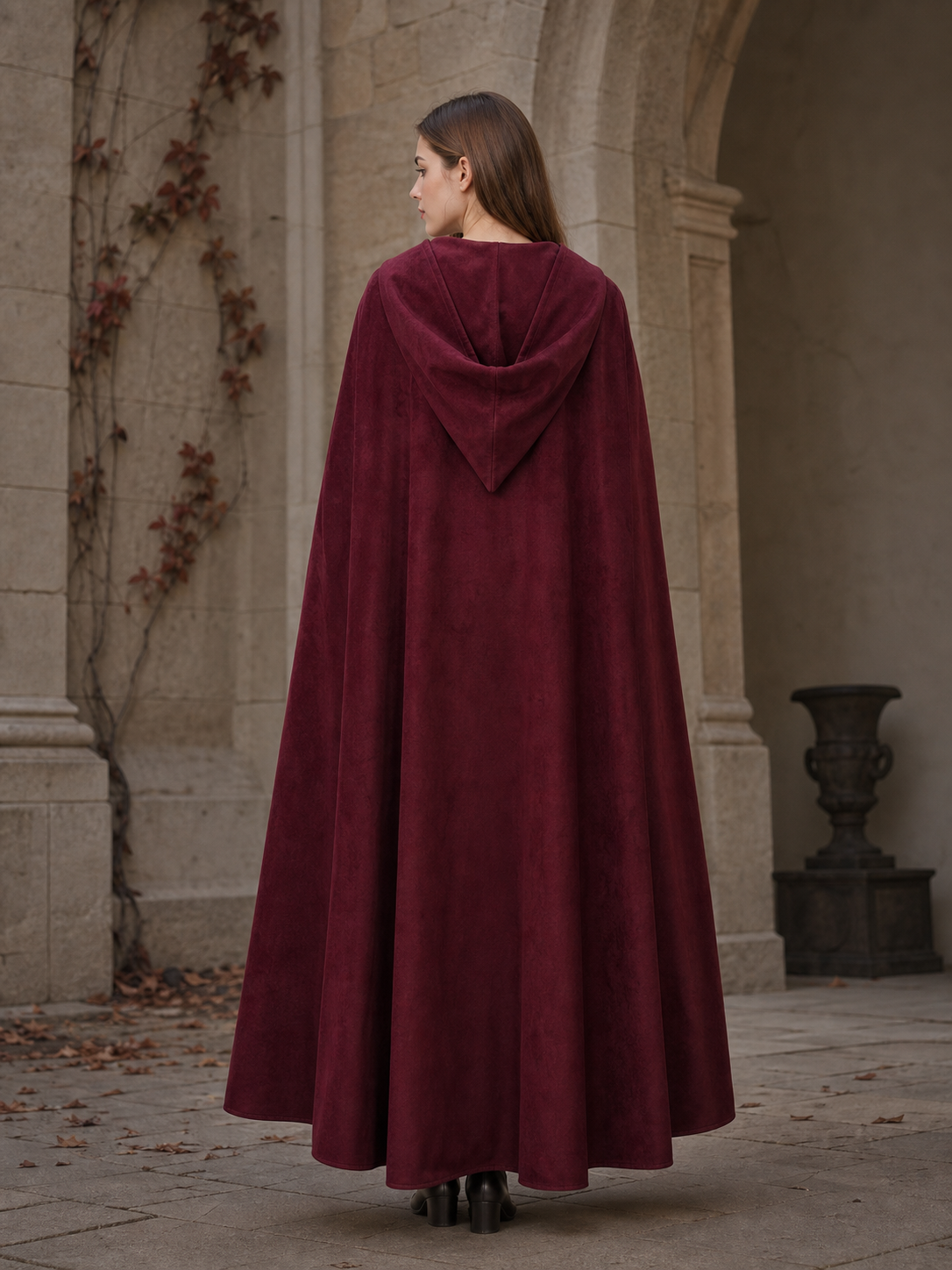 Long burgundy carnival cloak with hood