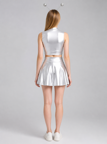 Silver stage costume: top, skirt, and headband