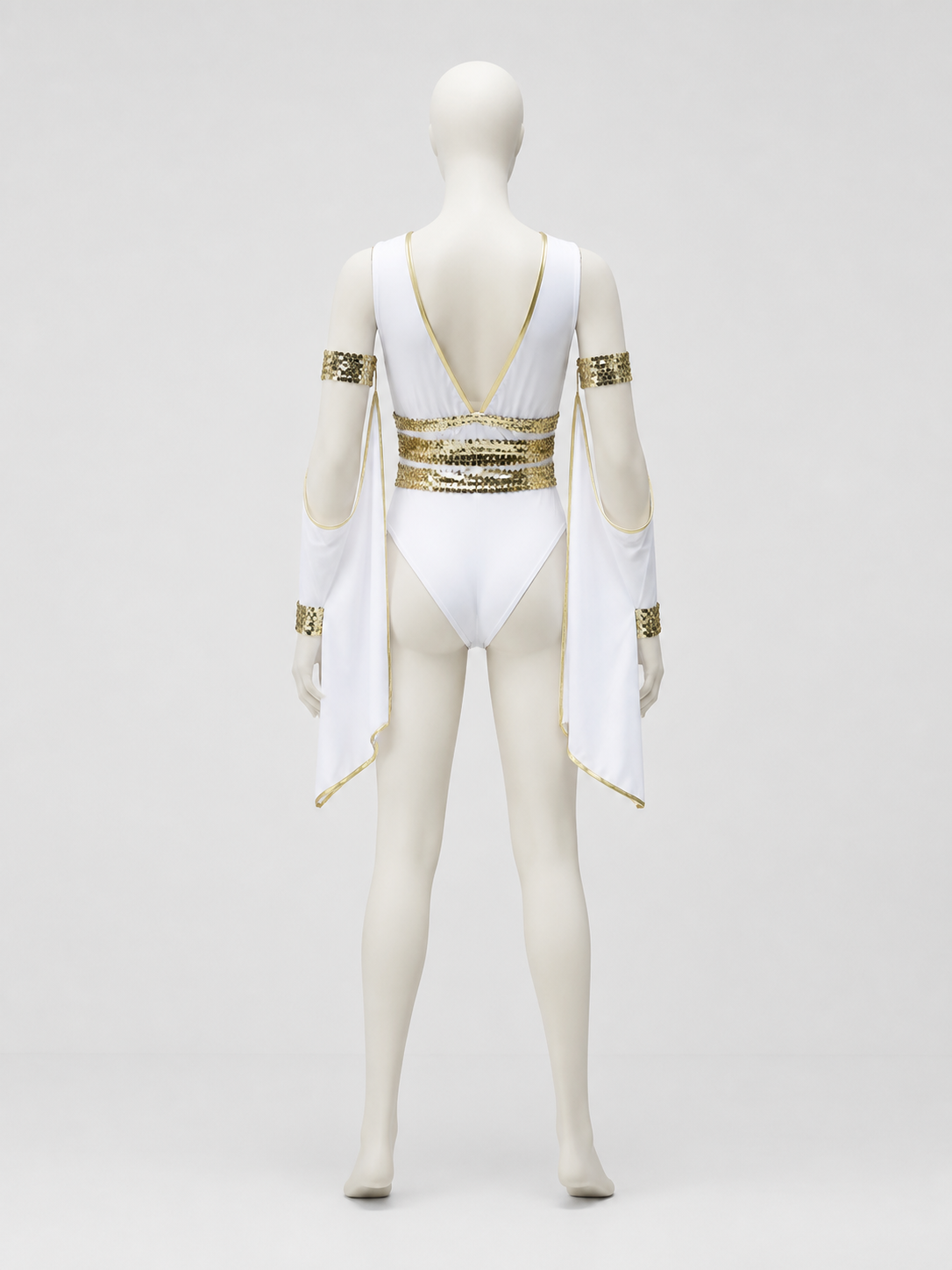 Stage costume jumpsuit, white and gold, 3 pieces back view