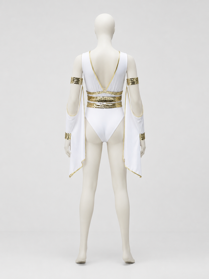 Stage costume jumpsuit, white and gold, 3 pieces back view