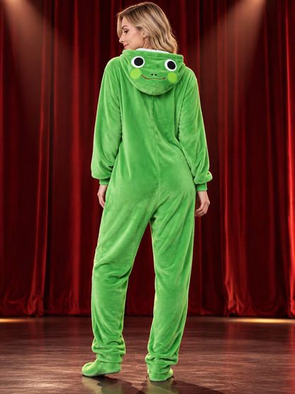 Green Hooded One-Piece Pajama with White Panel