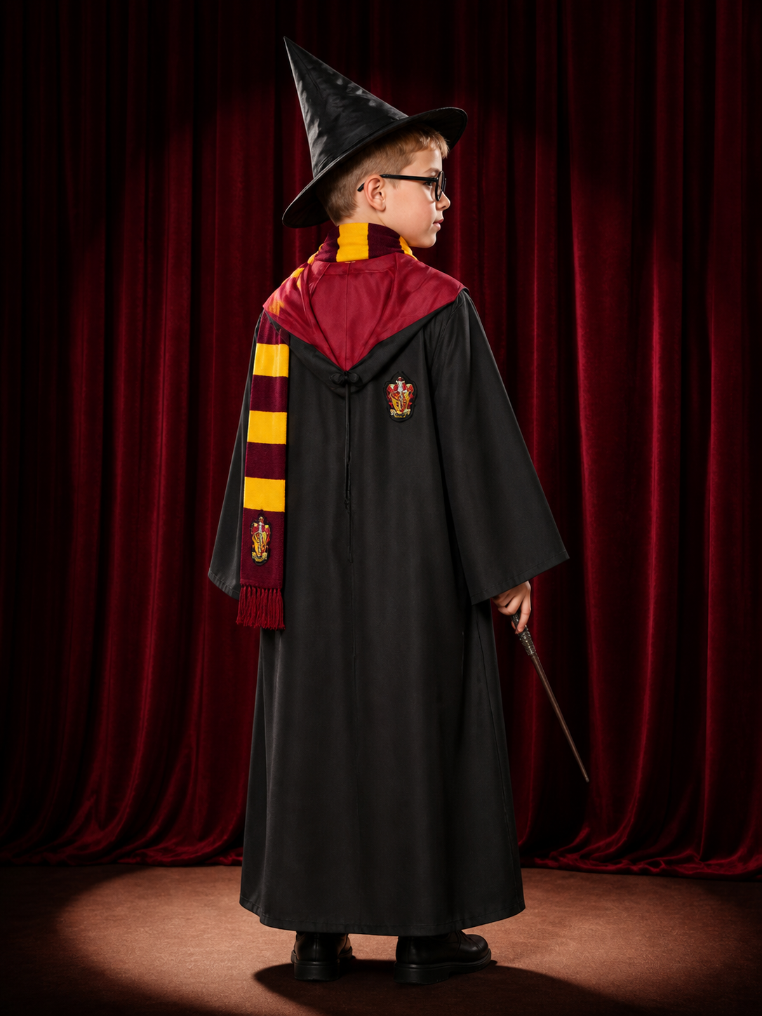 Wizard Robe Costume Set With Hooded Cloak, Hat, Glasses, Tie, Scarf And Wand back view