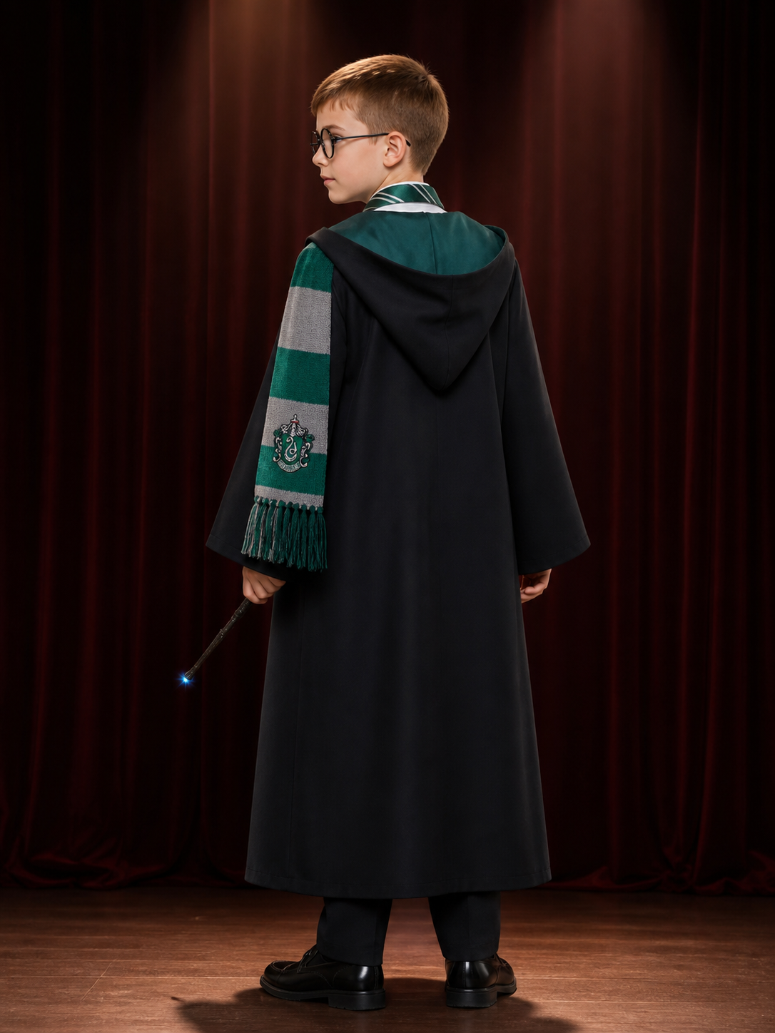 Hooded Wizard Robe Costume Set with Snake Crest, Tie, Scarf, Glasses and Wand back view