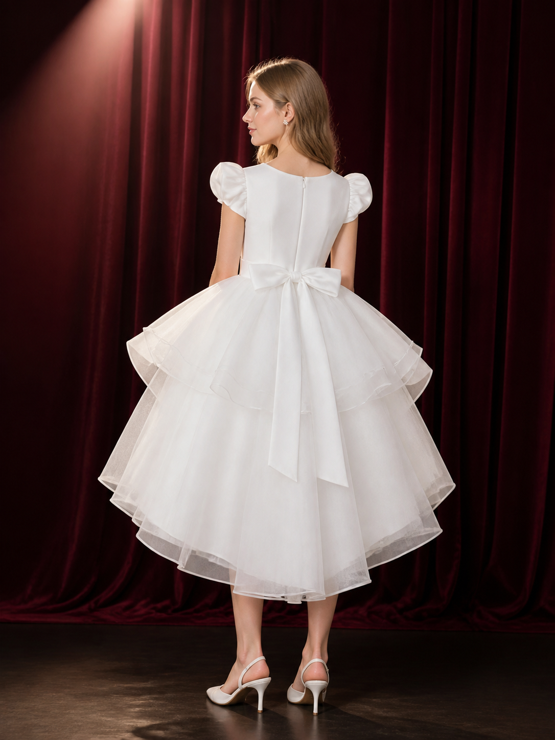 Girls' White Princess Dress, Layered Tulle Skirt with Lace Floral Embroidery and