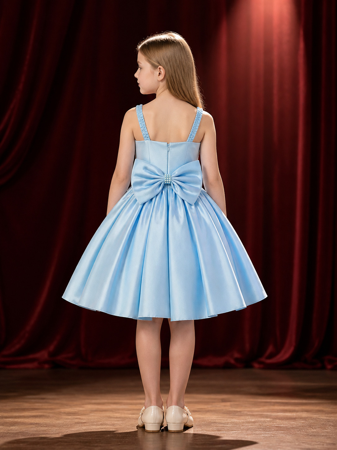 Baby Girl Sky Blue Princess Dress with Oversized Bow, Sleeveless Party Gown back view