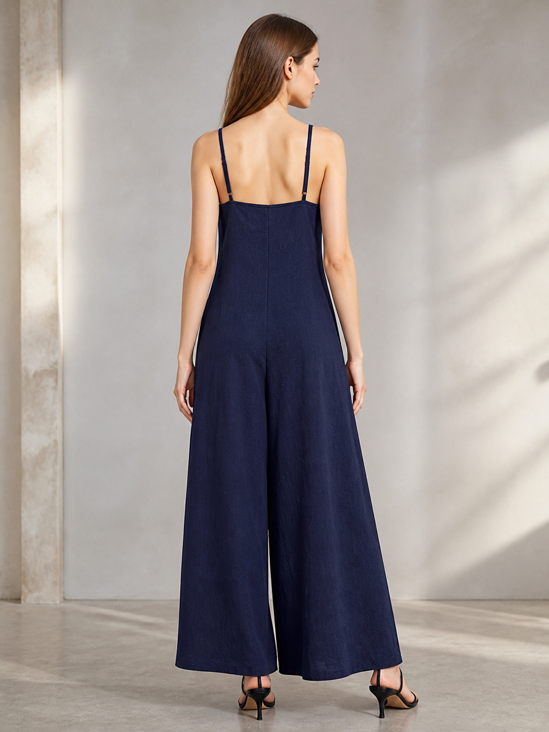 Blue Spaghetti Strap Wide Leg Jumpsuit, Sleeveless One-Piece Overalls With Long back view 3