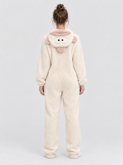 Coral fleece hooded pajama jumpsuit with ears