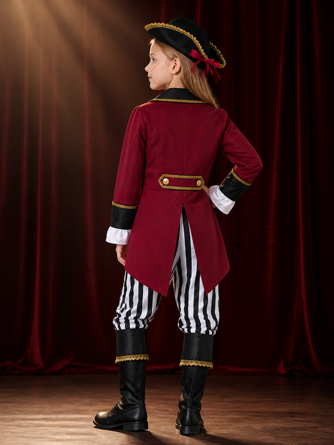 Kids Pirate Costume Set - Burgundy Coat with Gold Trim, Skull Print & Pirate Hat back view