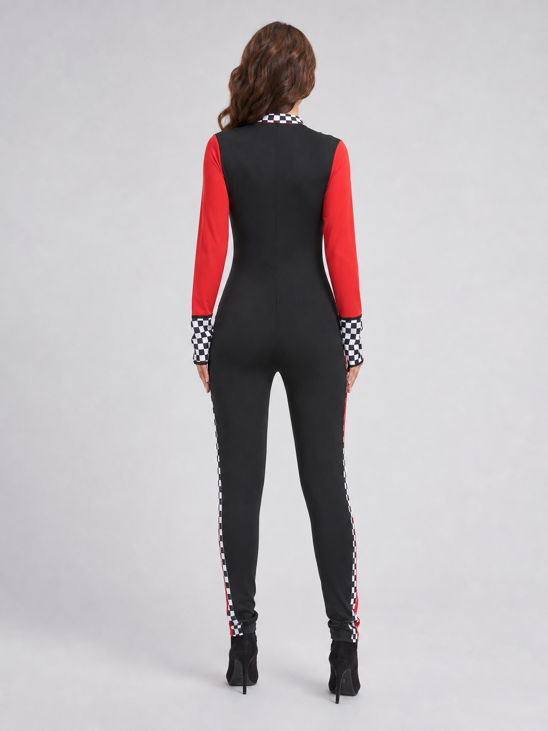 Racing jumpsuit with checkered panels and patches