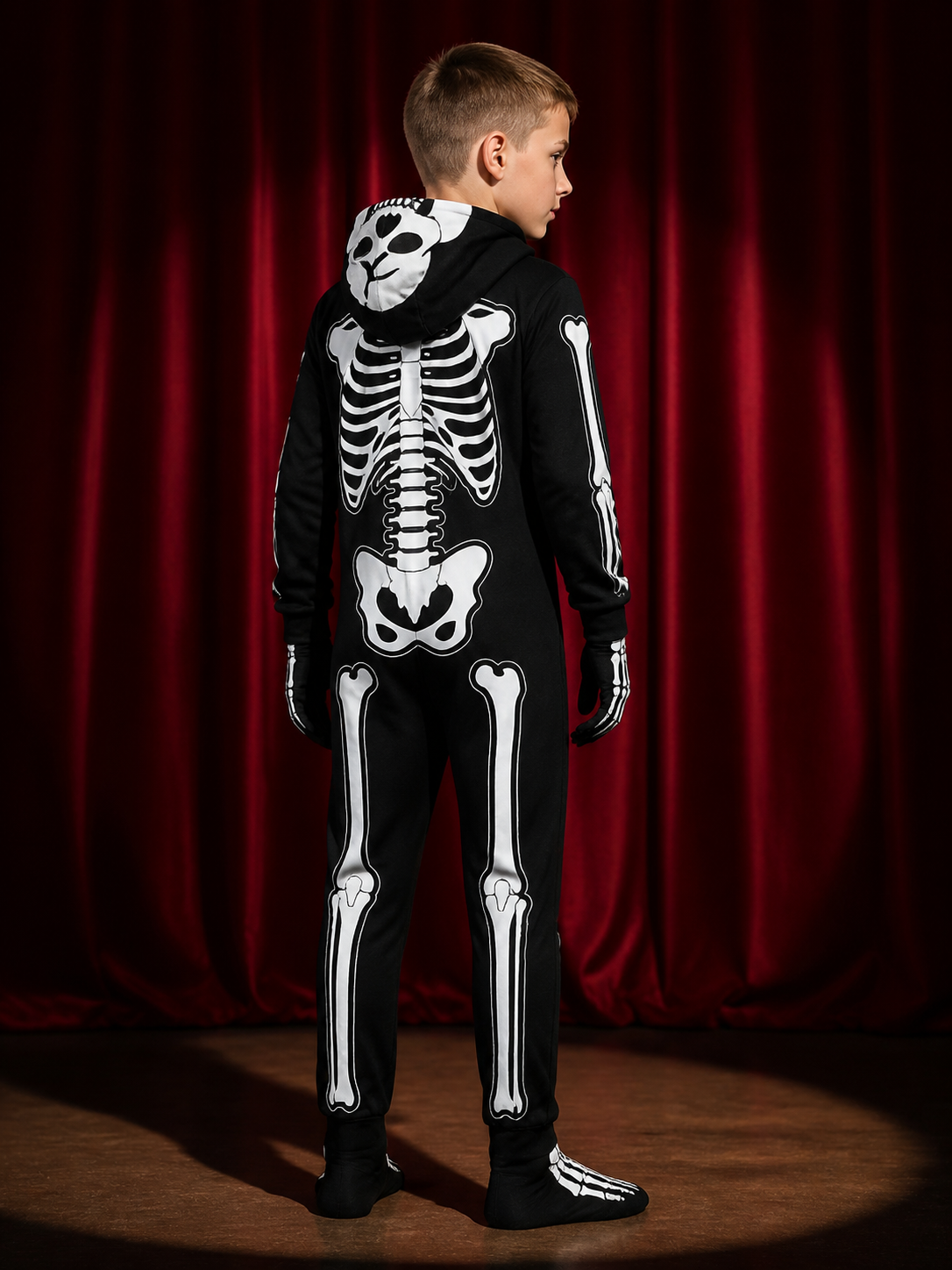 Kids Skeleton Bodysuit Halloween Costume, Black with White Bone Print and Green back view