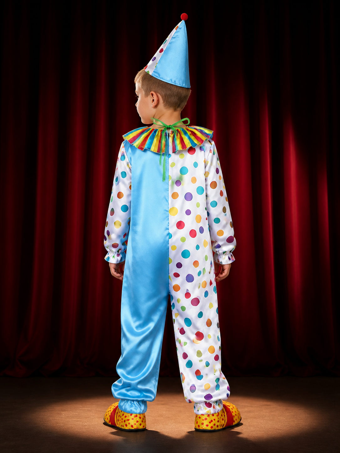 Kids' Multicolor Clown Jumpsuit Costume With Polka Dot Cone Hat, Long Sleeve back view
