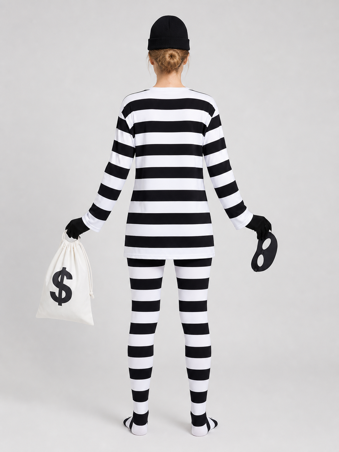 Black-and-White Striped Thief Character Costume back view