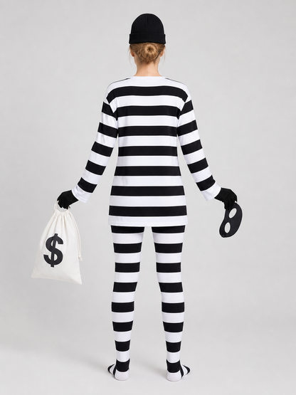 Black-and-White Striped Thief Character Costume back view