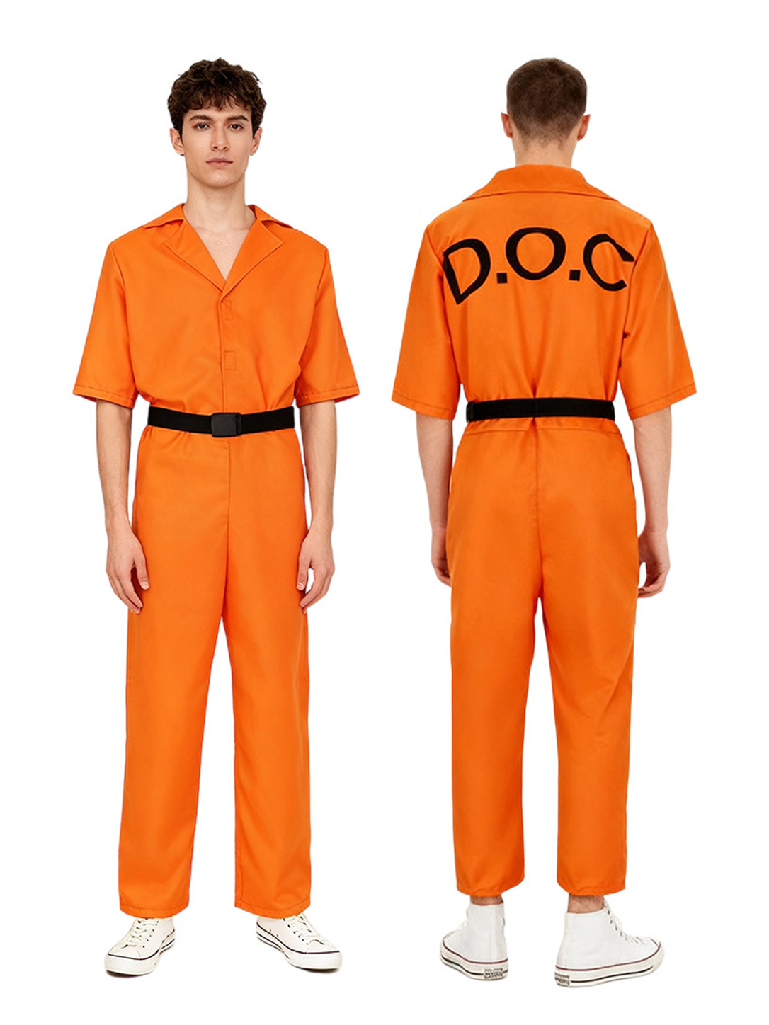 Front and back views of the orange prisoner jumpsuit showing the black D.O.C back print and belt