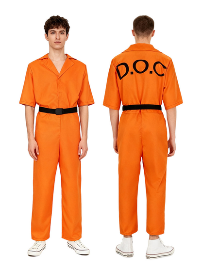 Front and back views of the orange prisoner jumpsuit showing the black D.O.C back print and belt