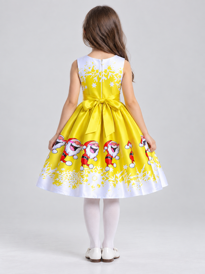 Girls' Dressy Dress with Winter Print and Bow