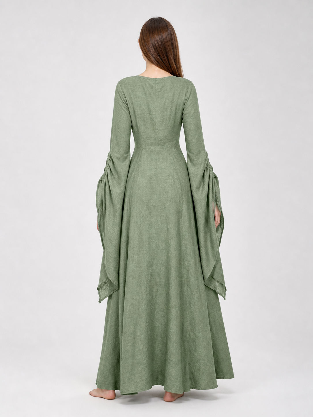 Long Green Retro-Style Belted Dress