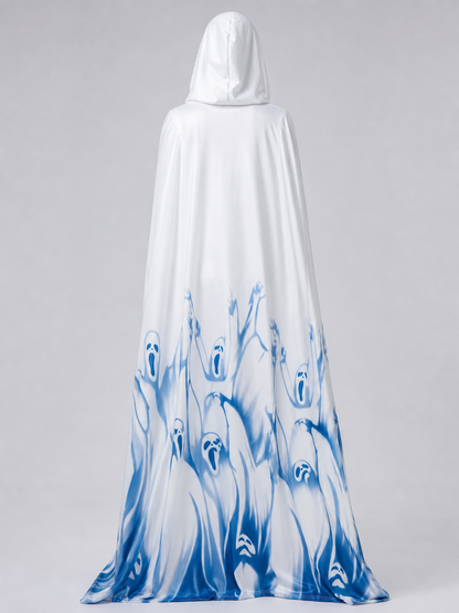 White Long Hooded Robe with Blue Pattern
