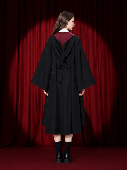 Black Wizard Robe Costume Set with Red-Yellow Striped Tie, Long Sleeve Halloween back view