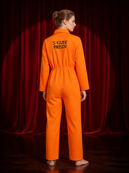 Orange Prison Jumpsuit Costume, Long Sleeve State Prison Print Halloween Outfit back view