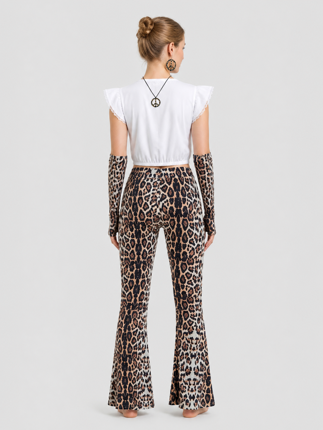 Leopard Print Set: Top, Flare-Leg Pants, and Accessories back view