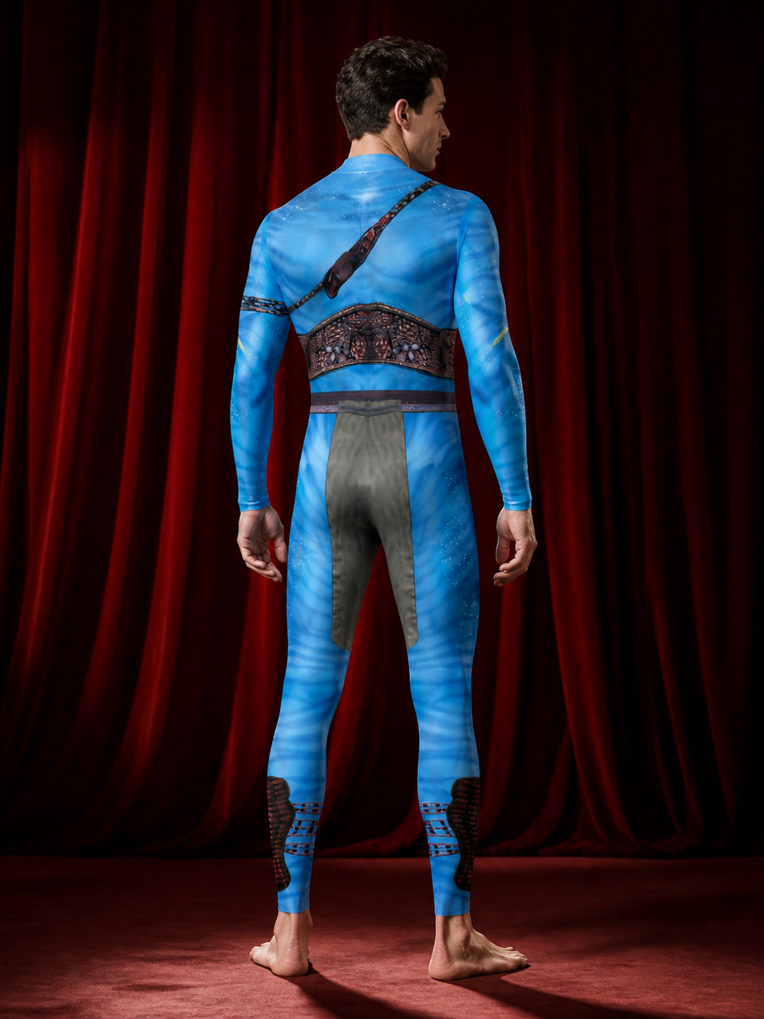 Men's Blue Alien Cosplay Bodysuit, Printed Full-Body Jumpsuit Halloween Costume back view