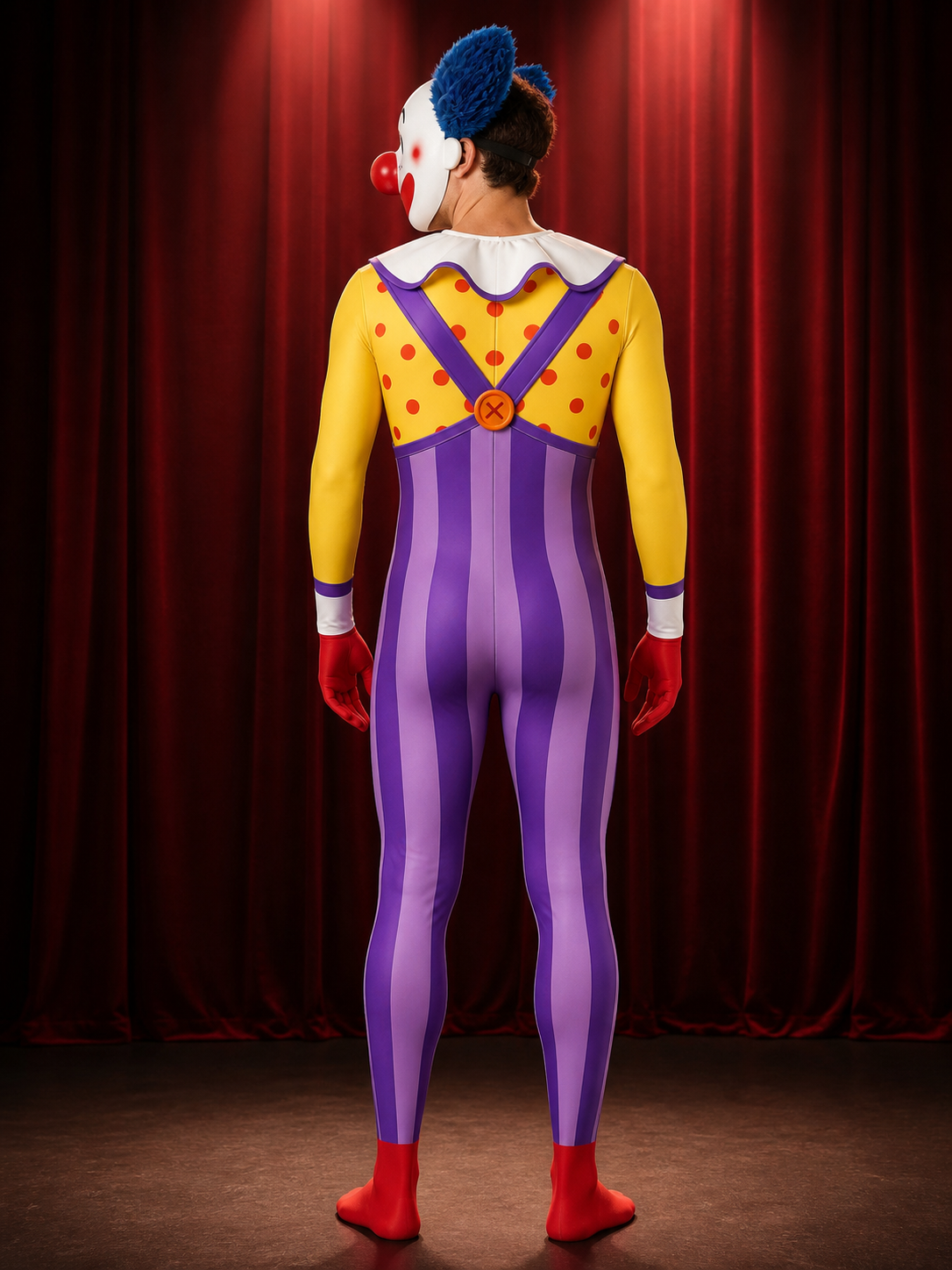 Giggling Clown Jumpsuit, Purple Striped Bib Overalls with Ruffled Collar back view