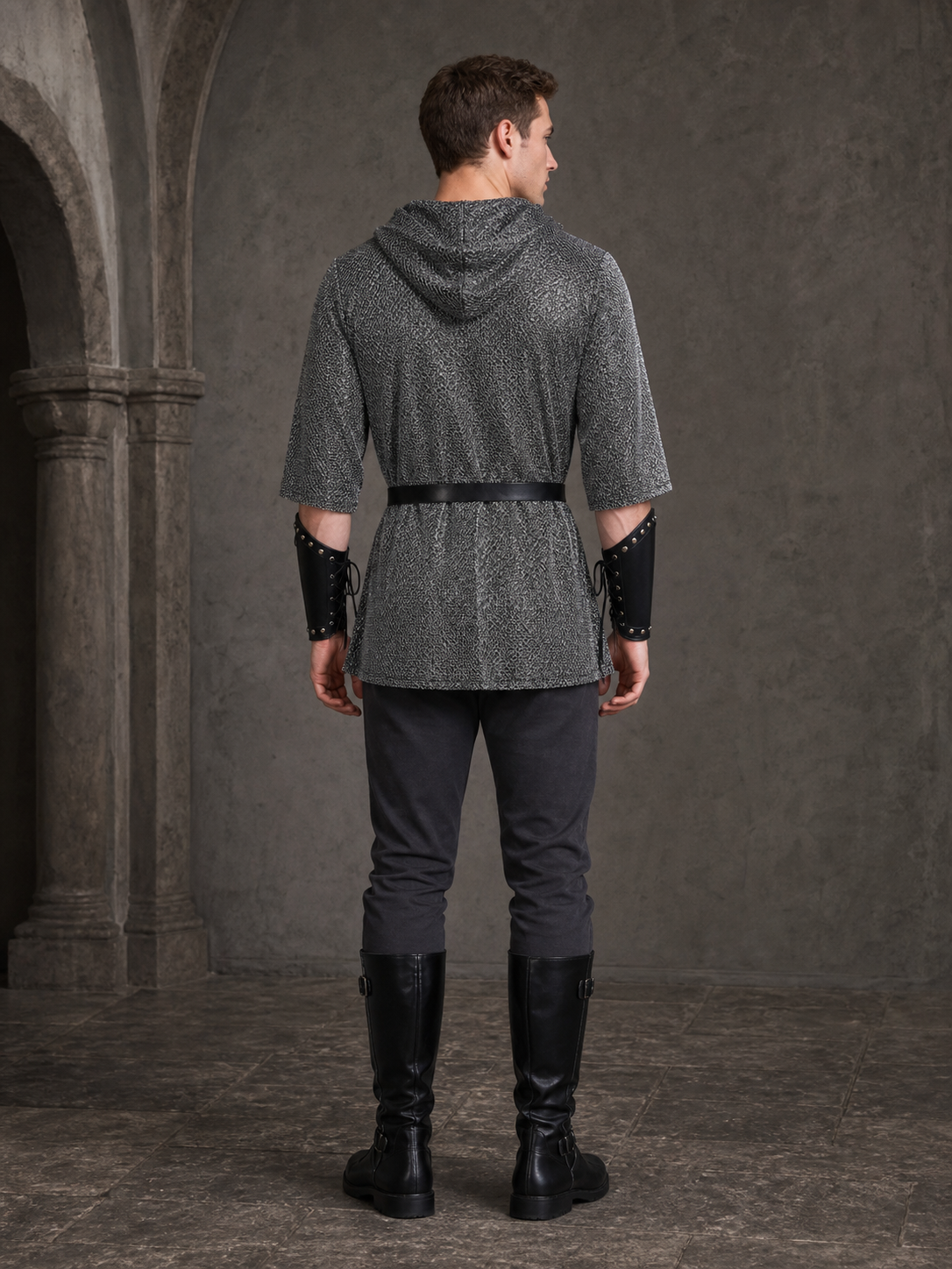The costume is designed in the style of a medieval knight and is suitable for cosplay and stage performances. The set includes a gray hooded top with a layered front design, black pants, a belt, bracers, and greaves. The gray-and-black colo