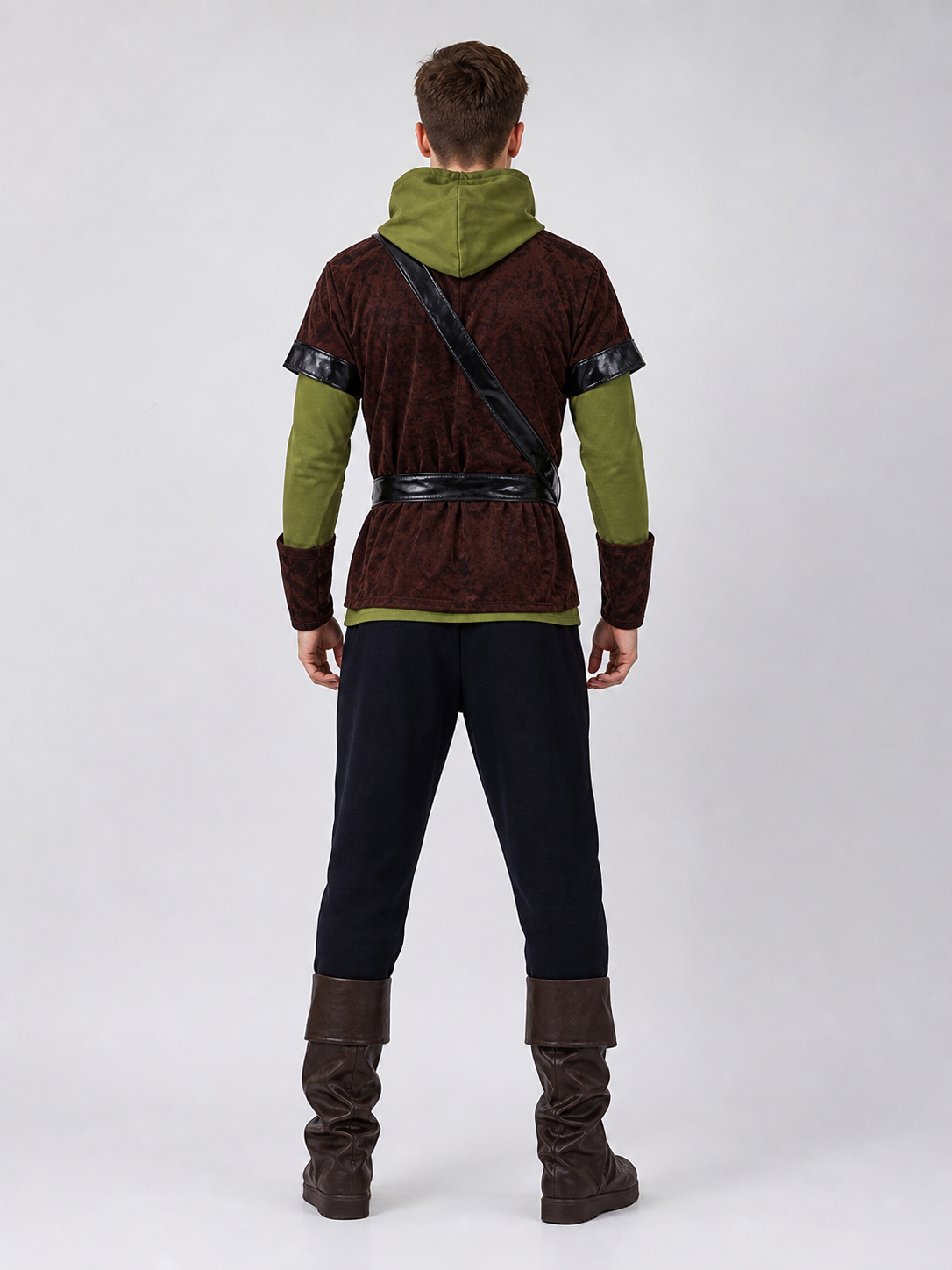 The costume is designed in the style of a medieval forest hero and is suitable for creating a distinctive look for a costume party, cosplay, Halloween, or a themed event. The set includes a complete costume look with a hooded top, lace-up n