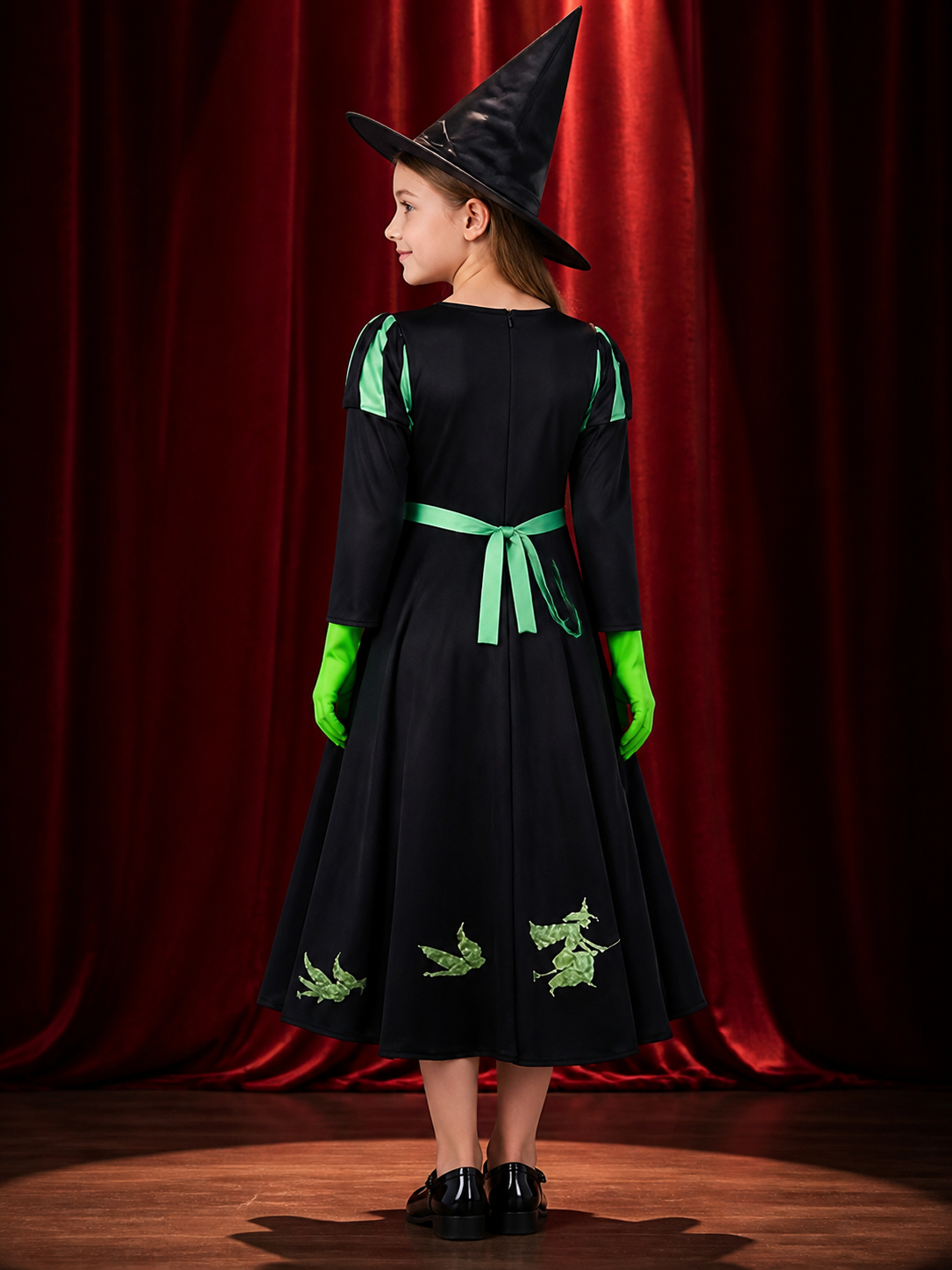 Unisex Witch Costume Set, Black Long Sleeve A-Line Dress with Green V Trim, Hat back view 2