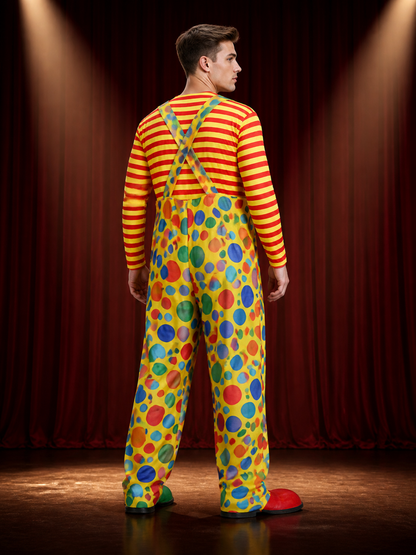 Adult Clown Costume Set for Halloween, Red Yellow Striped Top with Polka Dot back view