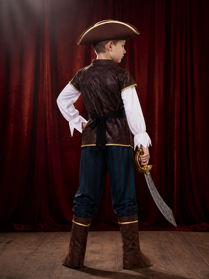Kids' Pirate Captain Costume Set, Gold Trimmed Vest, Striped Pants, Hat and Boot back view