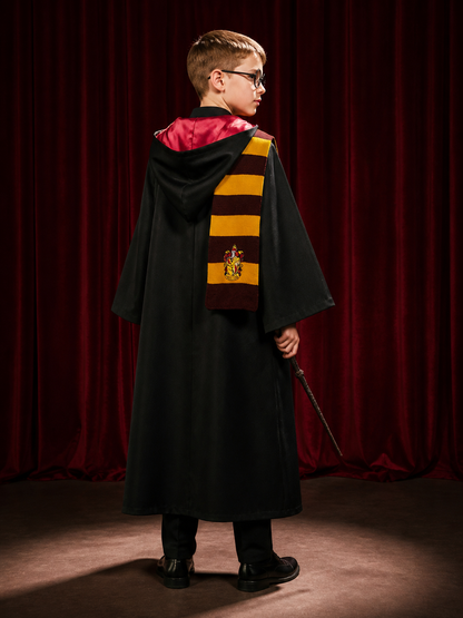 Wizard Robe Halloween Costume Set, Hooded Cape with School Crest, Scarf, Tie