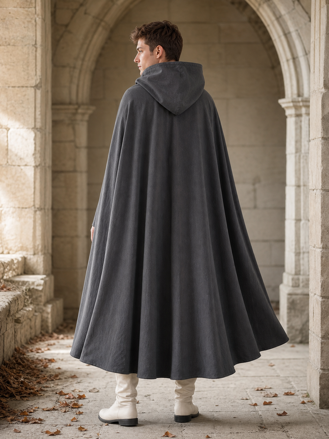 Adult Fantasy Hooded Cape, Long Dark Gray Cloak With Front Tie Closure, Wide back view 8