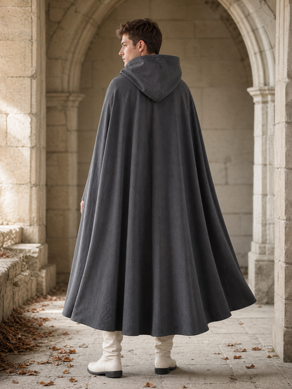 Adult Fantasy Hooded Cape, Long Dark Gray Cloak With Front Tie Closure, Wide back view 8