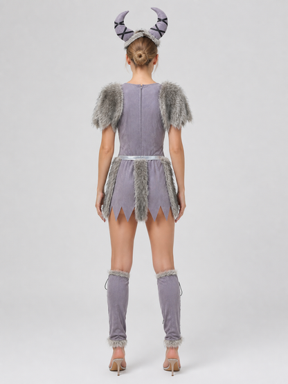Halloween Viking Costume with Horns and Fur back view