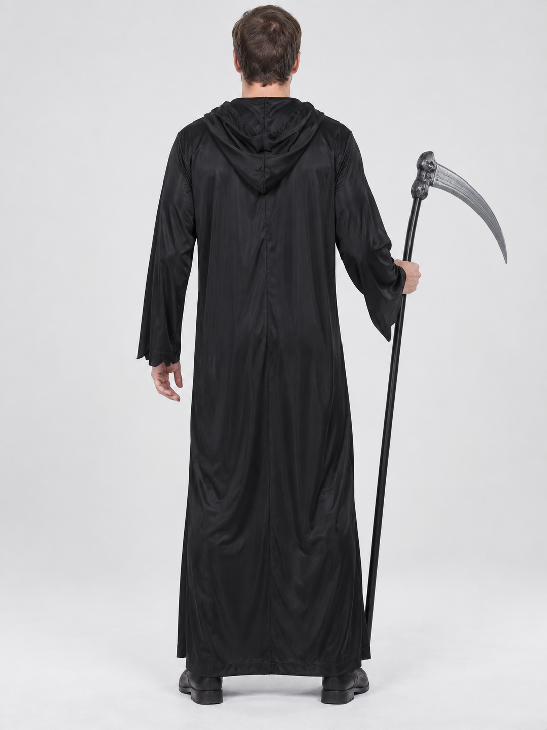 Black Skeleton Costume with Hood, Mask, and Scythe