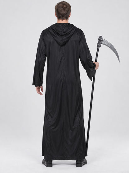 Black Skeleton Costume with Hood, Mask, and Scythe