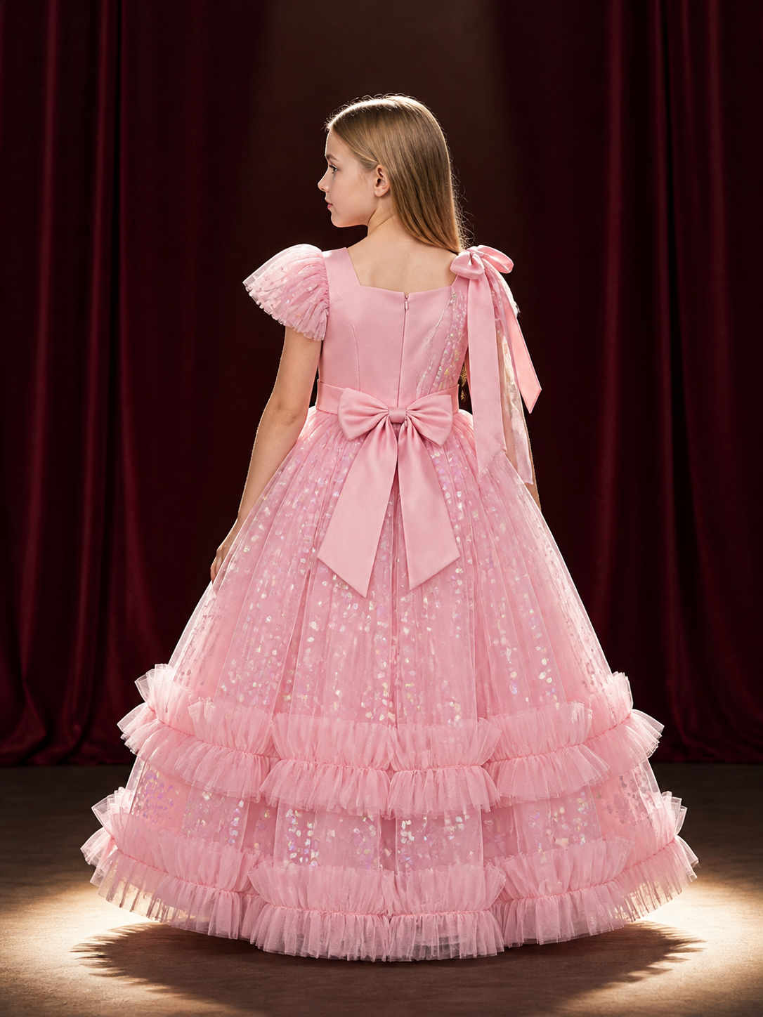 Baby Girls' Pink Sequined Princess Dress with Bows and Layered Ruffle Skirt back view