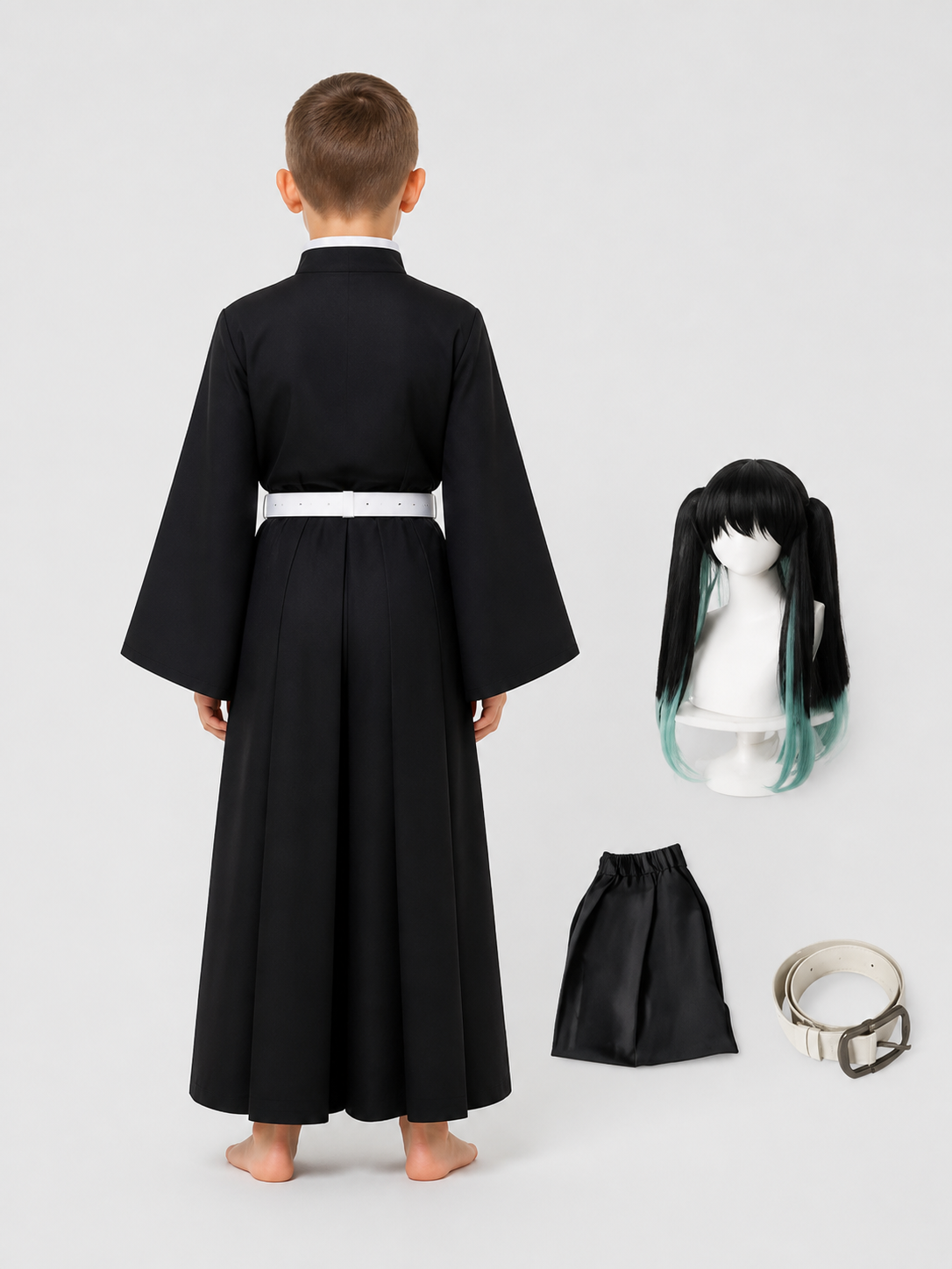 Tokito Muichiro Cosplay Costume with Belt and Wig back view