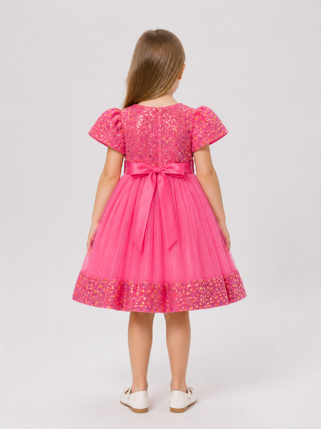 Girls' Dressy Sequin Dress with 3D Flowers back view